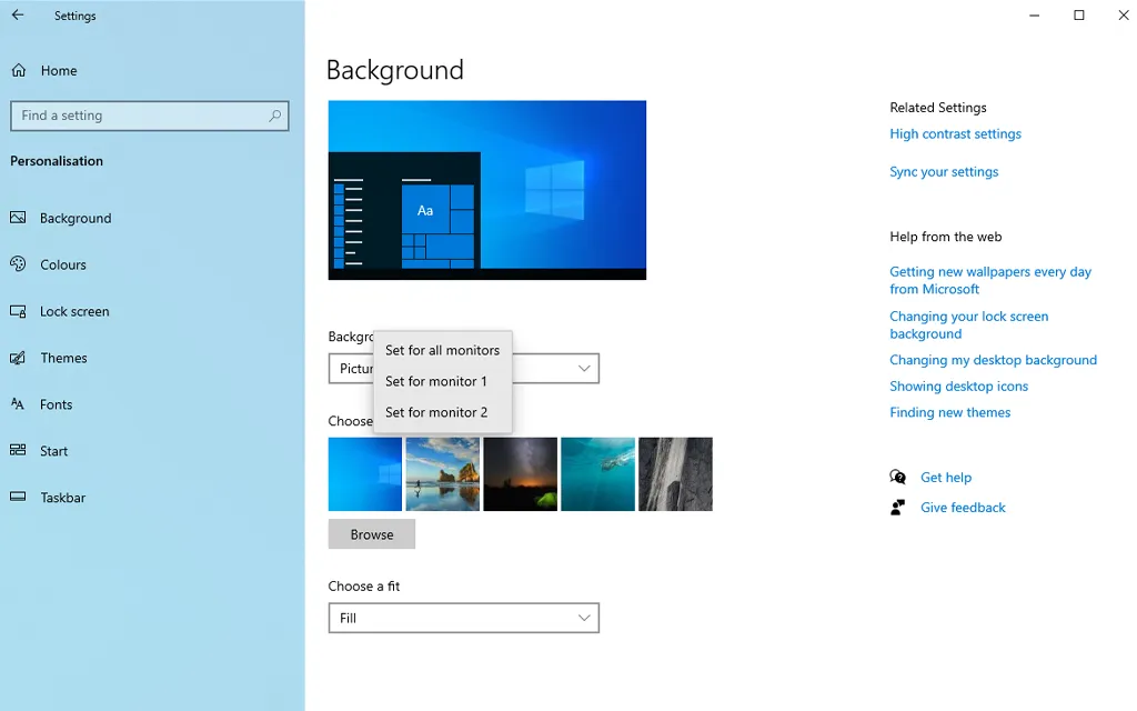 dual monitor wallpaper personalization settings