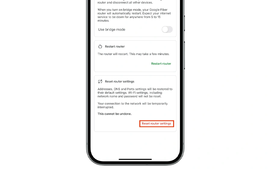 reset gfiber router via google home app