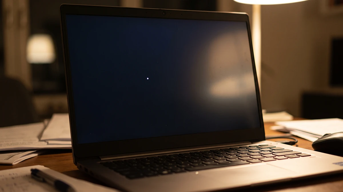 Laptop screen showing a small white spot against a dark background