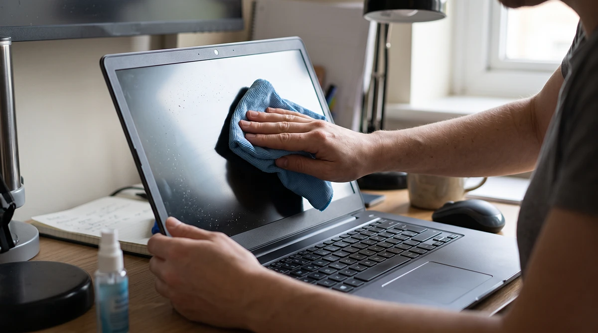 Person cleaning a laptop screen with a dry microfiber cloth